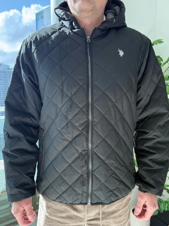 U.S. Polo Assn Quilted Jacket Men L Fleece Lined Hooded Coat Black Winter Casual - Picture 1 of 7